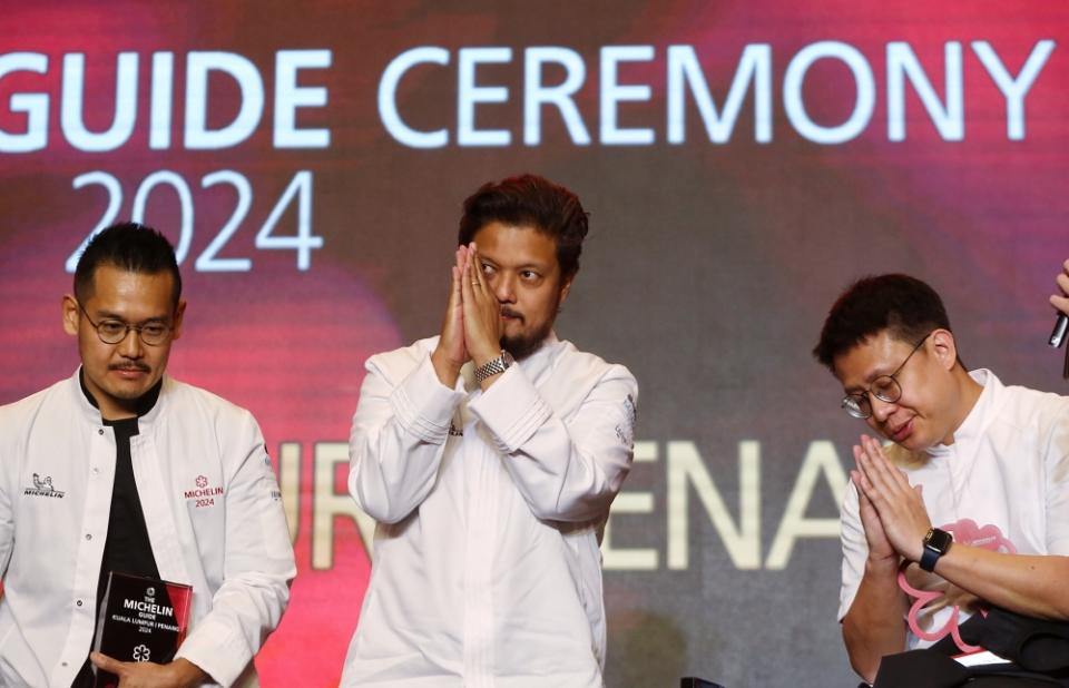 (From left) Michelin one starred Beta’s Raymond Tham, Michelin two starred Dewakan’s Darren Teoh, together with Young Chef Award winner Johnson Wong from Penang’s Gēn. — Picture by Choo Choy May 