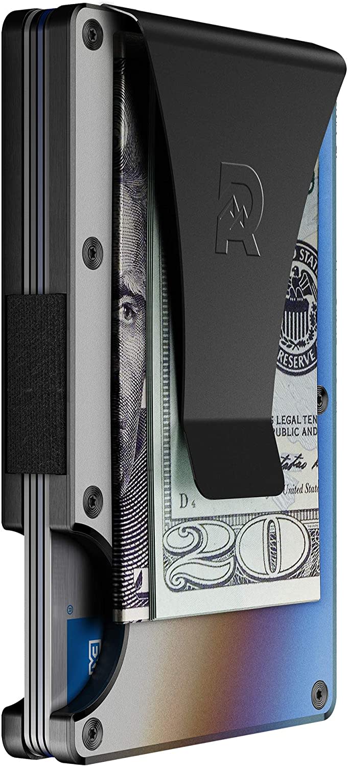 The Ridge Slim Minimalist RFID Titanium Metal Wallet with attached money clip holding money