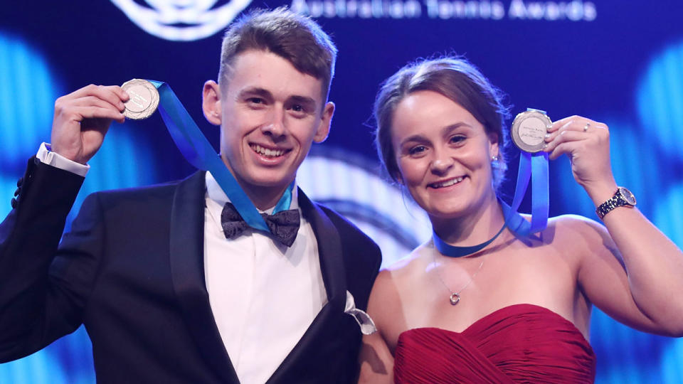 Alex de Minaur and Ash Barty have shared the 2018 Newcombe Medal. Pic: Getty