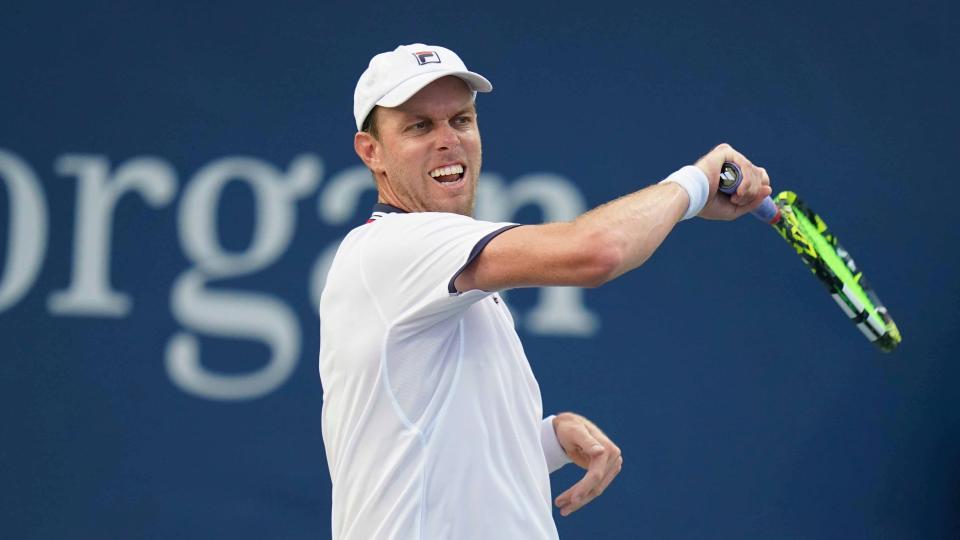 Thousand Oaks High graduate Sam Querrey hits a forehand during his first-round match at the U.S. Open on Tuesday. Querrey lost to Ilya Ivashka in four sets and announced his retirement from professional tennis.