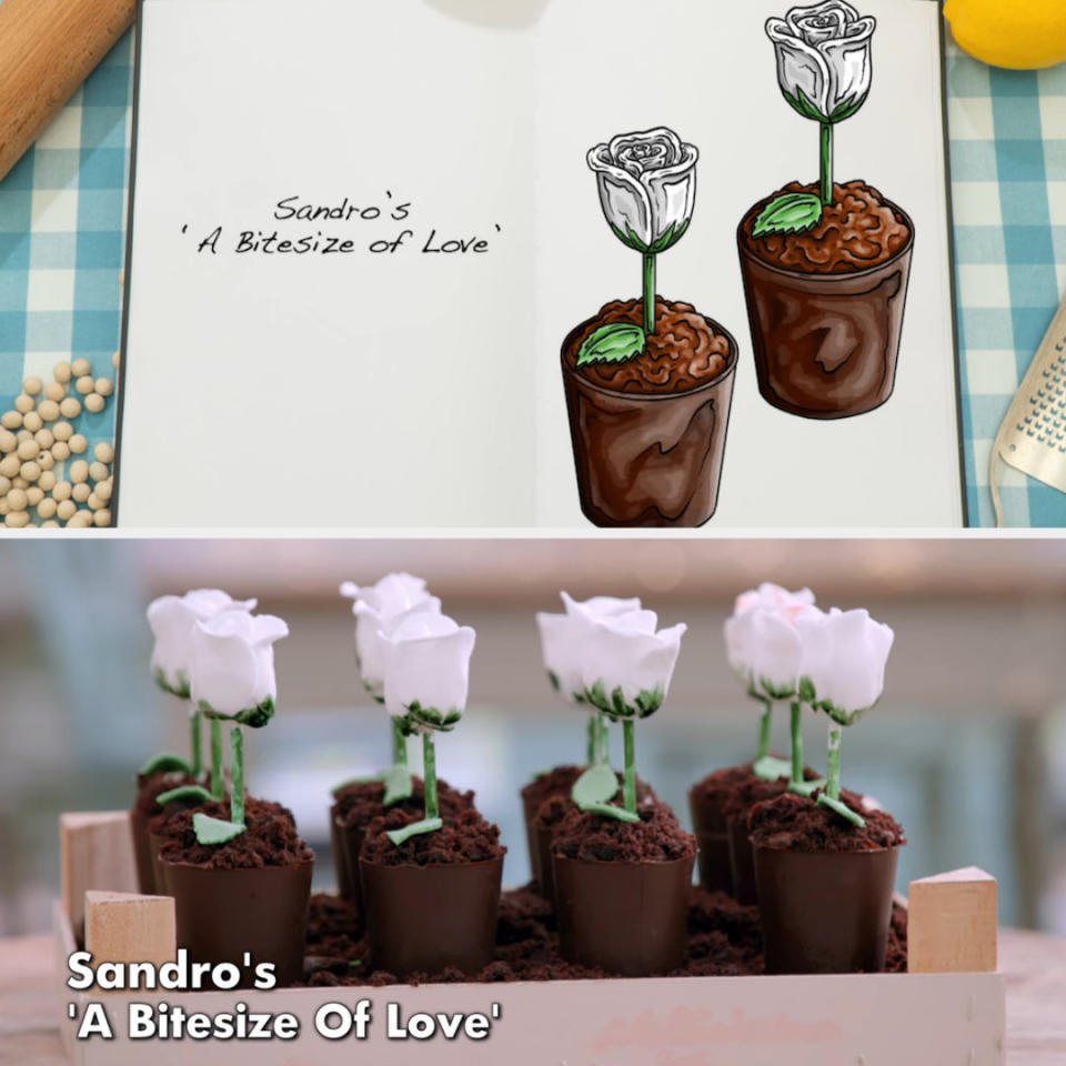 Drawing of Sandro's mini cakes that look like white flowers in a flower pot side by side with the actual bake
