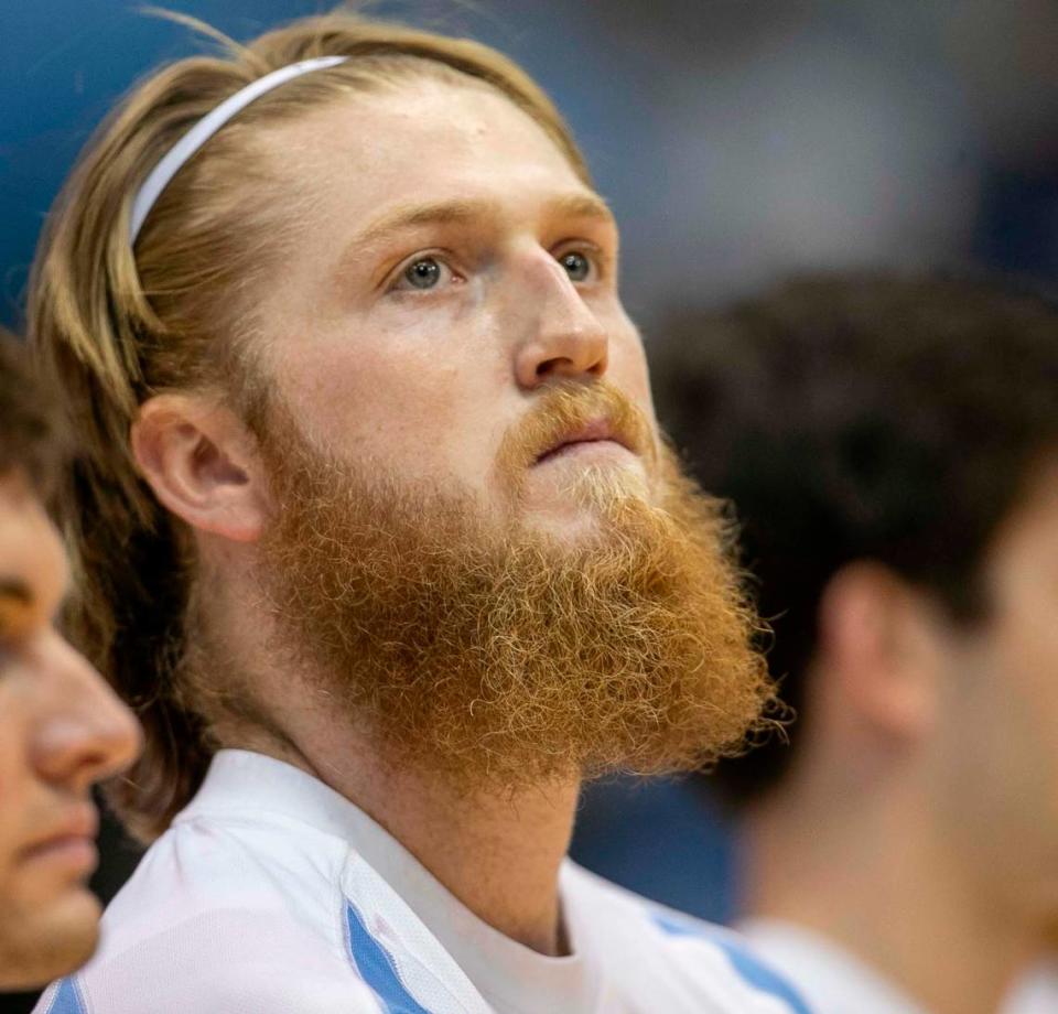 North Carolina transfer Brady Manek (45) eyes the crowd in the Smith Center during the National Anthem on Friday, November 5, 2021 at the Smith Center in Chapel Hill, N.C.