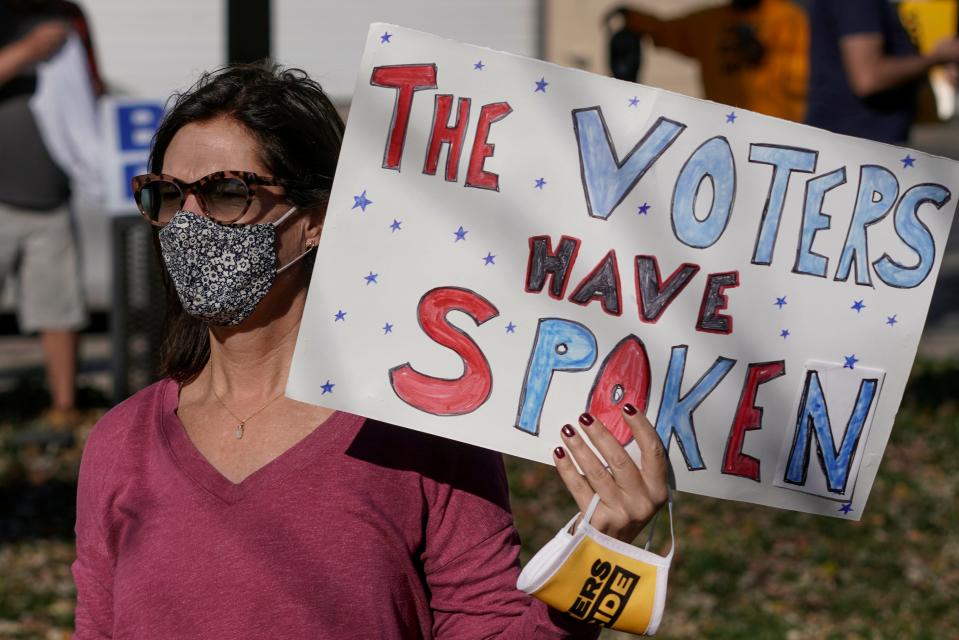 In this Nov. 7, 2020 file photo, supporters react after it was announced that President-elect Joe Biden defeated President Trump at a rally in Milwaukee.