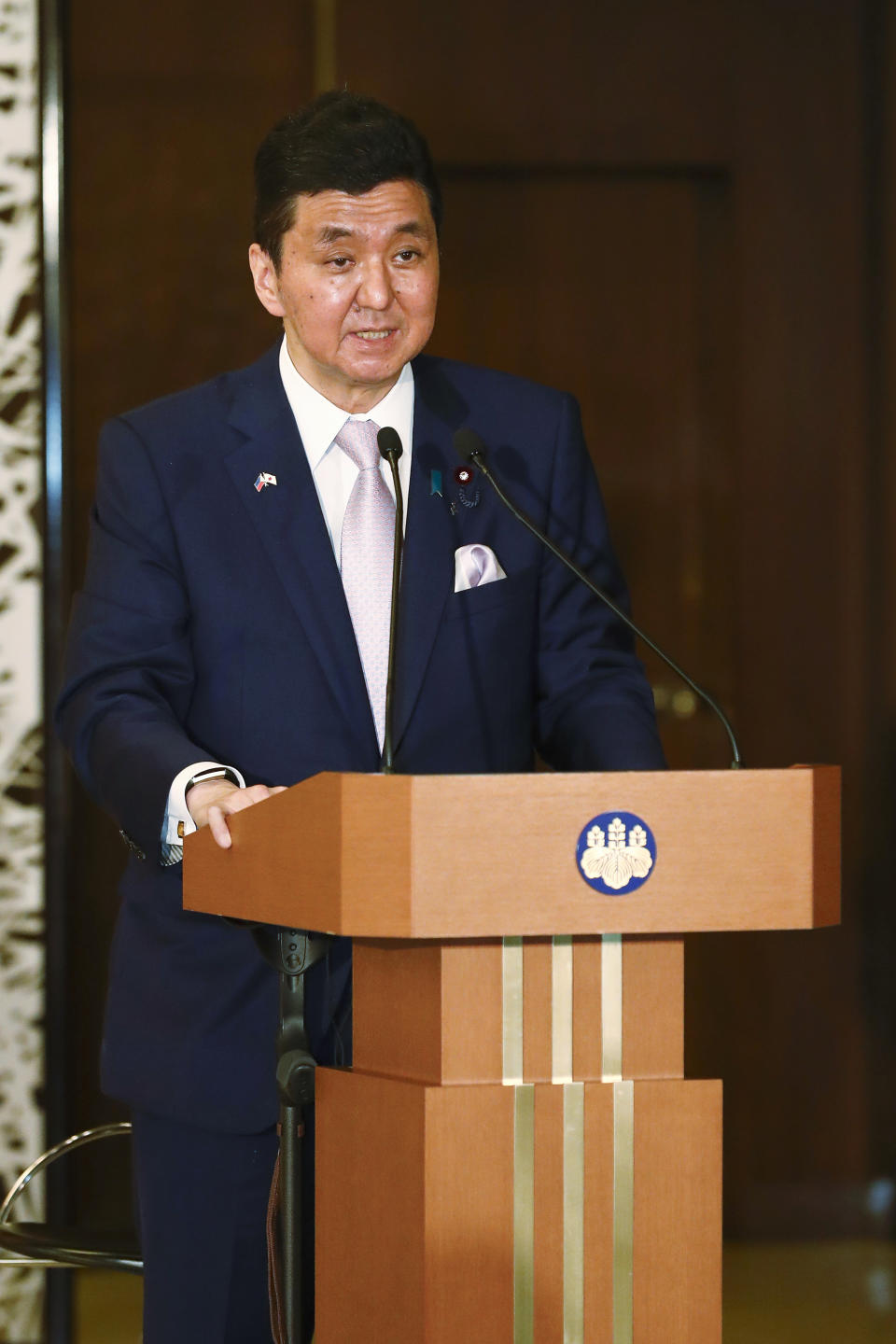 Japanese Defense Minister Nobuo Kishi speaks during a news conference with Philippine Defense Secretary Delfin Lorenzana and Foreign Secretary Teodoro Locsin Jr. at the Iikura Guest House in Tokyo Saturday, April 9, 2022. (Rodrigo Reyes Marin/Pool Photo via AP)