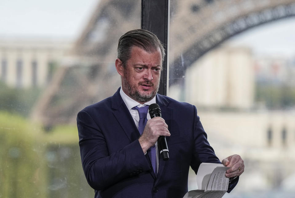 FILE - Andrew Parsons, President of the International Paralympic Committee of the Paris 2024 Games, speaks during a media conference in Paris, on Aug. 28, 2023. With an assist from Paul McCartney, the Paralympic Games starts its 100-day race Monday to the opening ceremony in Paris in August. (AP Photo/Michel Euler, File)