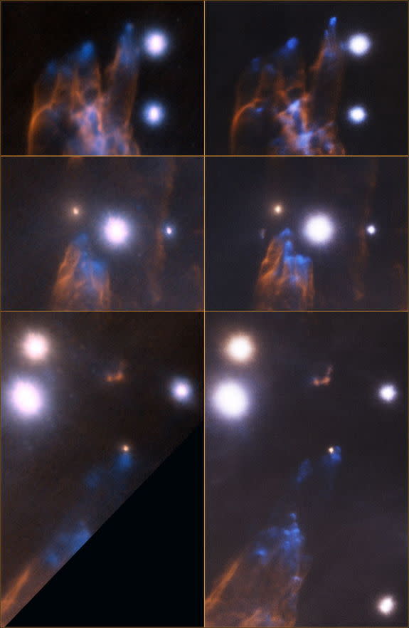 In each image pair, left is the Altair 2007 image and right is the new 2012 GeMS image. This close-up view emphasizes the gain realized by MCAO and GeMS compared to normal AO (Altair).