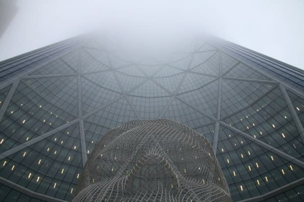 The top of The Bow is obscured by fog in this file photo from October 2016. (Robson Fletcher/CBC - image credit)