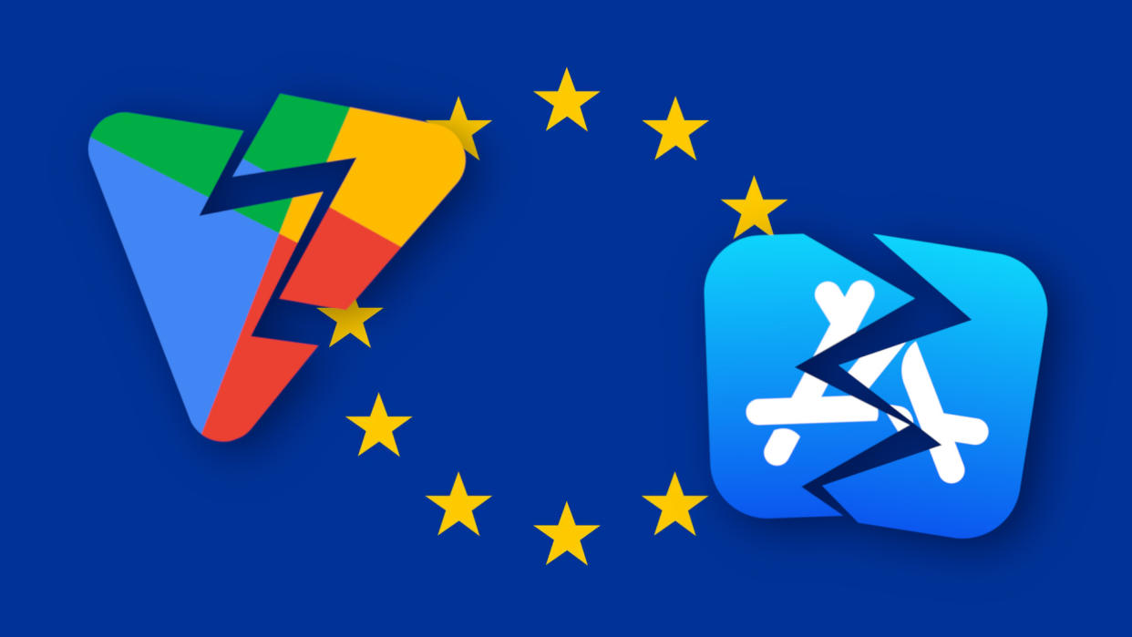  Google Play Store and Apple App Store icons broken in front of European Union flag 