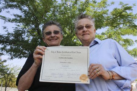 Kathy Sowden, 63, and Deborah Grier, 72, on the day they became the first same-sex couple to get a civil union in Arizona in 2013.