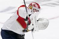 Florida Panthers goaltender Sergei Bobrovsky (72) knocks down a shot from the Dallas Stars using his arm pad during the second period of an NHL hockey game in Dallas, Saturday, April 10, 2021. (AP Photo/Tony Gutierrez)