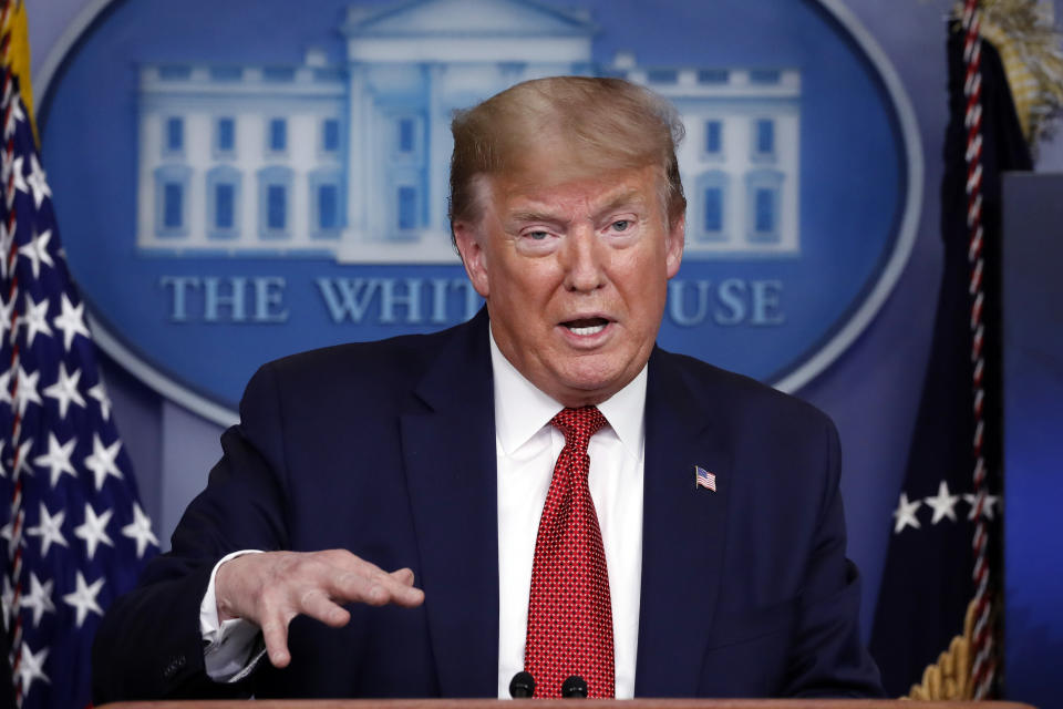 President Donald Trump speaks about the coronavirus in the James Brady Press Briefing Room of the White House, Thursday, April 16, 2020, in Washington. (AP Photo/Alex Brandon)