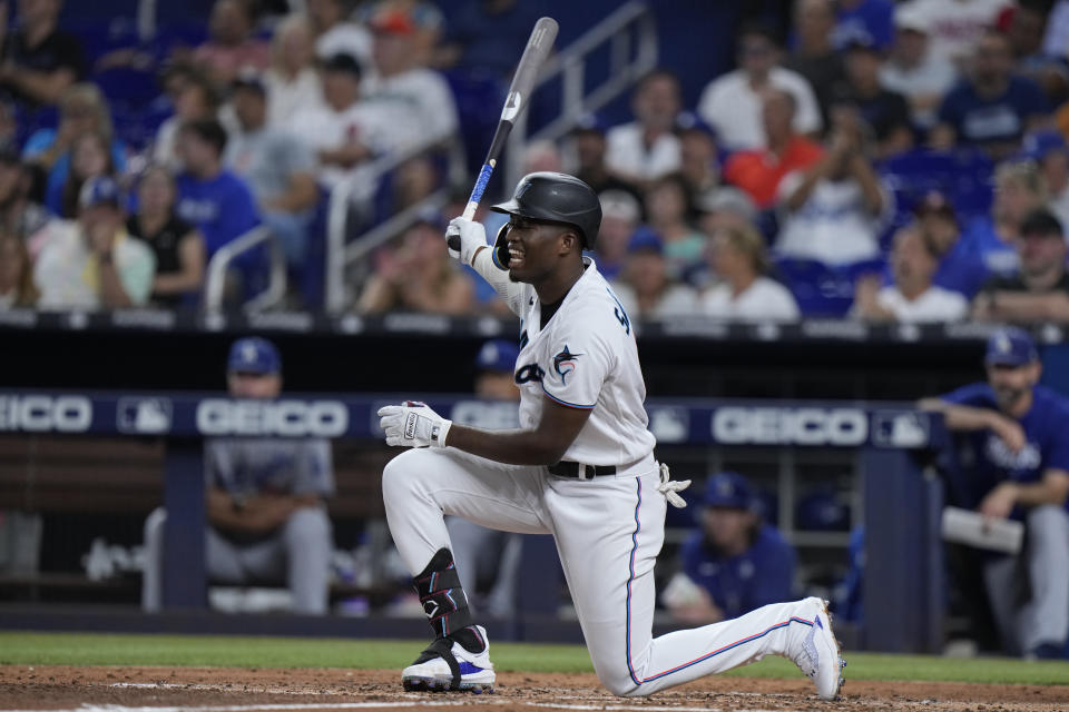 Miami Marlins' Jesus Sanchez reacts as he strikes out swinging during the third inning of a baseball game against the Los Angeles Dodgers, Tuesday, Sept. 5, 2023, in Miami. (AP Photo/Wilfredo Lee)