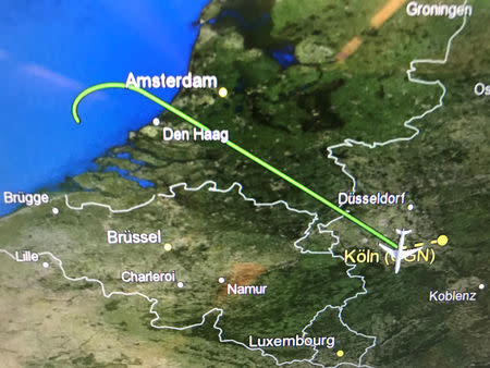 A picture shows the flight path of the Airbus A340 government aircraft carrying Chancellor Angela Merkel and the German delegation to the G20 summit in Buenos Aires which was forced to land shortly after taking off from Berlin at the Cologne-Bonn airport, Germany, November 29, 2018. The captain told passengers aboard the plane he decided to switch aircraft at the Cologne-Bonn airport in northwestern Germany after the "malfunction of several electronic systems", but said there had been no security risk. REUTERS/Andreas Rinke