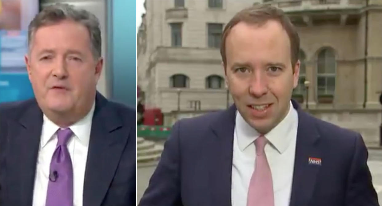 Piers Morgan asked Matt Hancock why he remains health secretary. (ITV/GMB)