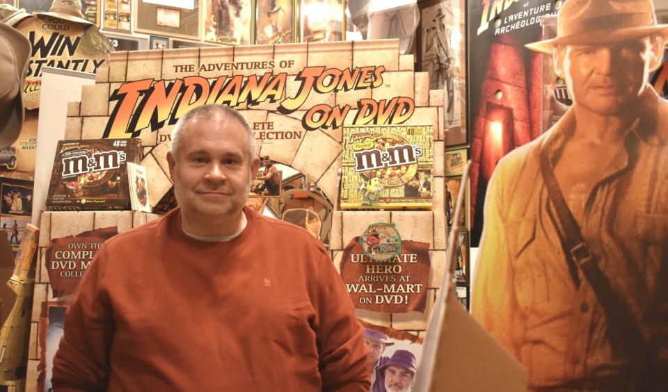 Michael Miller dedicated a room in his home to hold his Indiana Jones collection, as seen July 5, 2023, in Sheboygan, Wis.