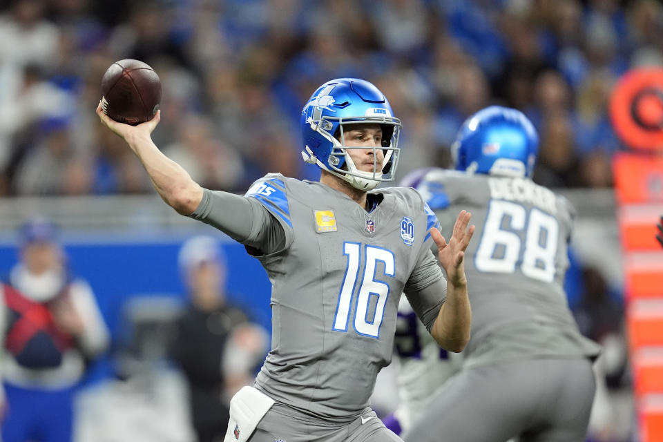 Detroit Lions quarterback Jared Goff (16) throws during the first half of an NFL football game against the Minnesota Vikings, Sunday, Jan. 7, 2024, in Detroit. (AP Photo/Paul Sancya)