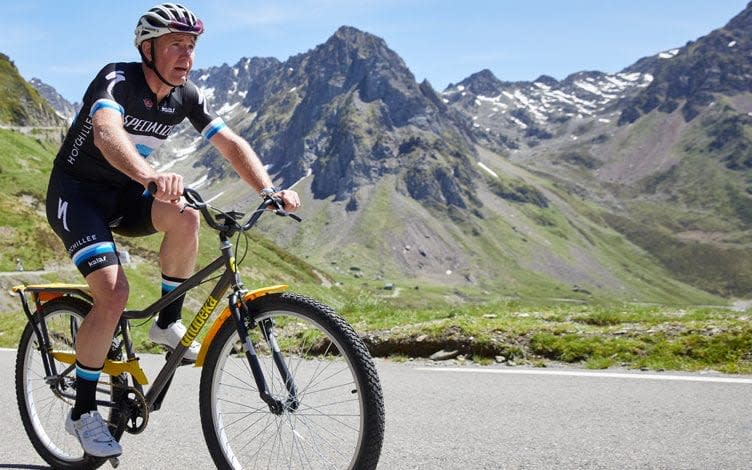 David Bryant rides towards the summit of the Tourmalet on his Qhubeka bike - Michael Blann