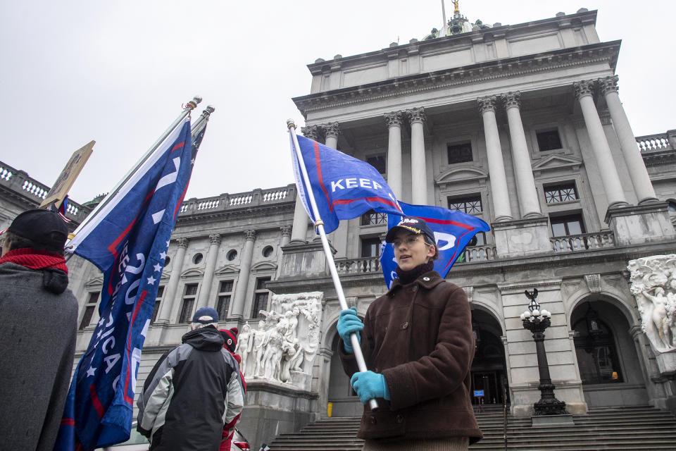 Supporters of President Donald Trump protest outside the Capitol Complex in Harrisburg, Pa., as the electoral college convenes, Monday, Dec. 14, 2020. (Jose Moreno/The Philadelphia Inquirer via AP)