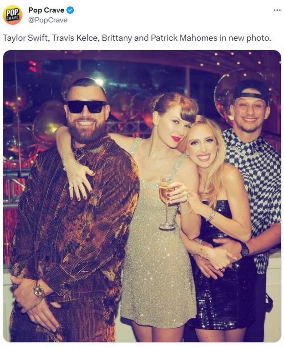 Travis Kelce and Taylor Swift partied with Brittany and Patrick Mahomes on New Year’s Eve.