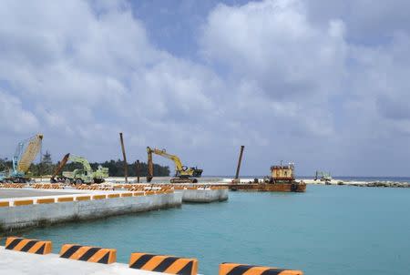 A construction site of a pier, in Itu Aba, which the Taiwanese call Taiping, at the South China Sea, March 23, 2016. REUTERS/Fabian Hamacher