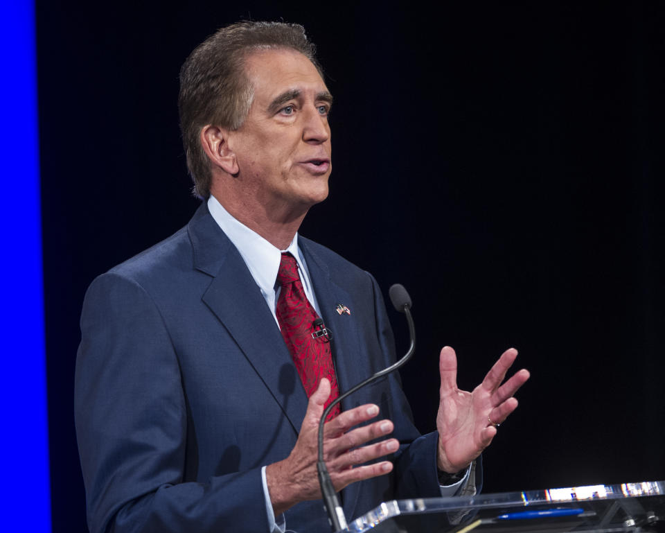 Rep. Jim Renacci, R-Ohio speaks during a debate at the Idea Center in Playhouse Square, Sunday, Oct. 14, 2018, in Cleveland. (AP Photo/Phil Long, Pool)