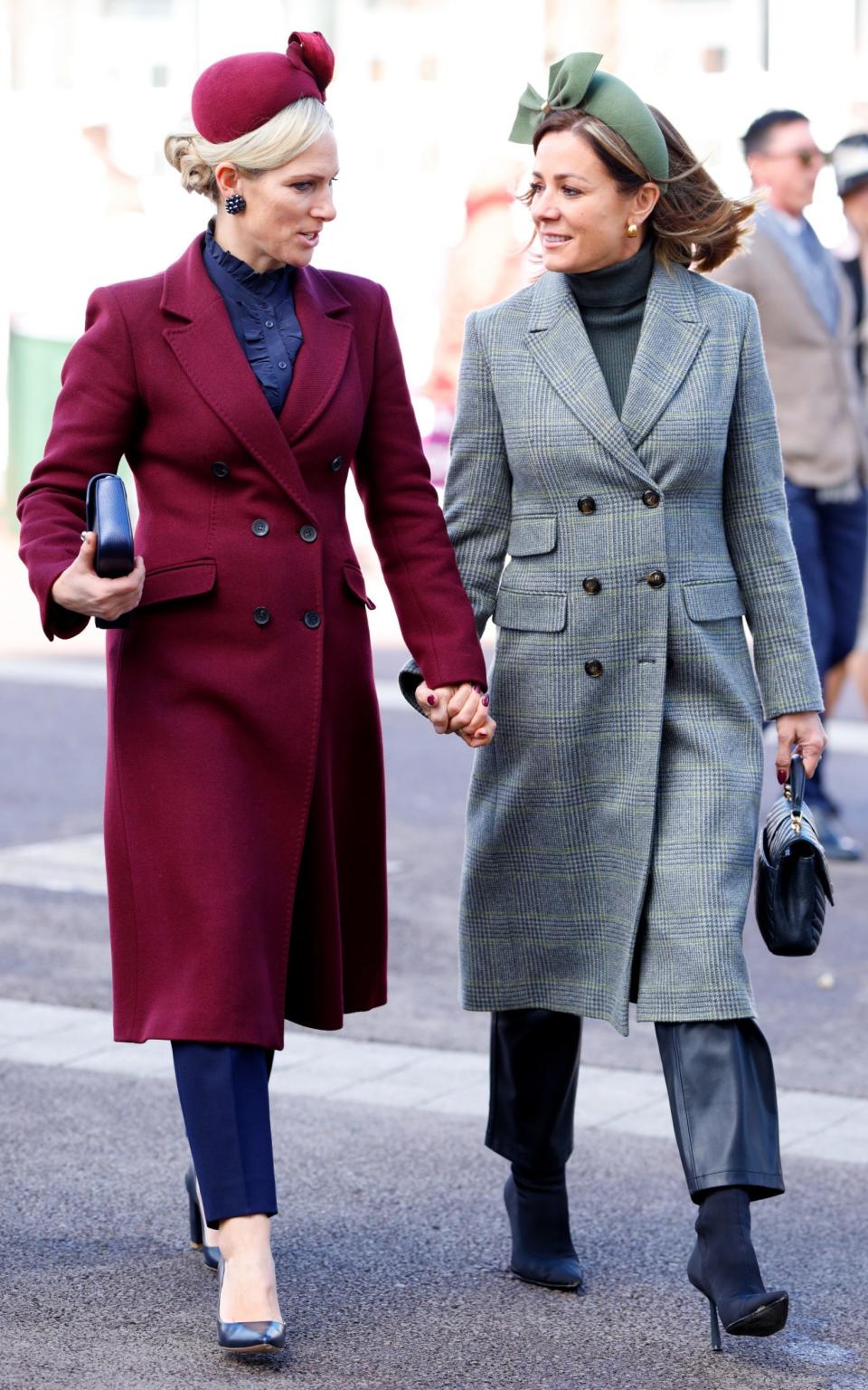 Zara Tindall and Natalie Pinkham attend Day 1 'Champion Day' of the Cheltenham Festival at Cheltenham Racecourse on March 14, 2023