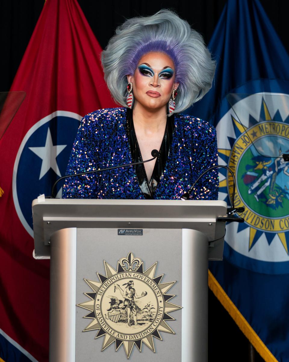 Drag artist Vidalia Anne Gentry speaks after Nashville Mayor John Cooper delivered his "State of Metro" address at James Lawson High School in Nashville, Tenn., Thursday, April 27, 2023.