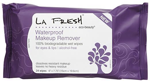 <a href="https://www.amazon.com/Fresh-Eco-Beauty-Waterproof-Makeup-Remover/dp/B007JFXD26?th=1" target="_blank">These skin-loving, biodegradable wipes</a> are free of parabens, sulfates, triclosan, dyes, pegs, artificial fragrances &amp; animal byproducts.