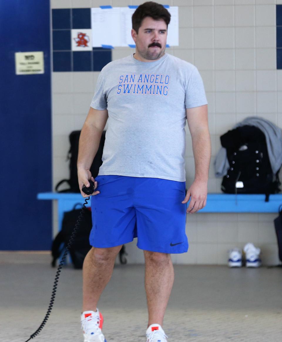 San Angelo Central High School head swimming coach Matt McLaughlin keeps a close eye on his team at the Gus Clemens Aquatic Center on Friday, Jan. 15, 2021.