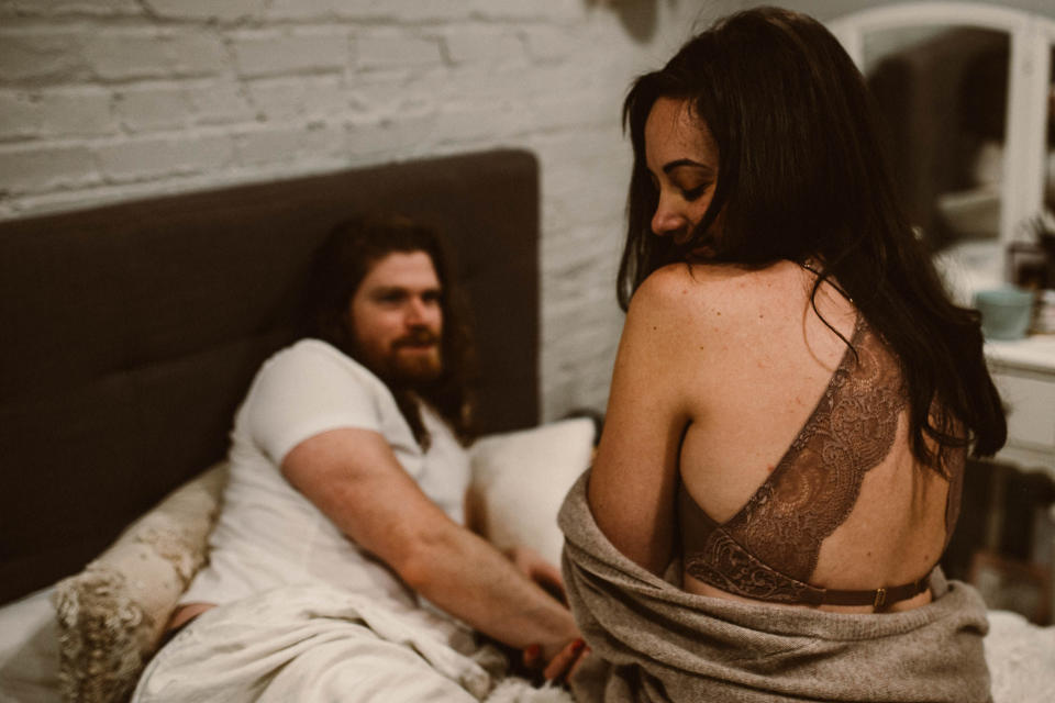 "We decided to do a couples boudoir session to celebrate our playful, passionate everyday lives together. The depth and coziness of our relationship has been a refuge from hard things in life, from health concerns to job worries, and we are so grateful to have each other. I didn't always feel this way in my relationships. In fact, I had a lot of work to do on my own in terms of self love, healing and being open to healthy, vulnerable love! But now it feels incredibly freeing to be in this place, and through my work as a <a href="https://www.kimberlypendleton.com/" target="_blank" rel="noopener noreferrer">women's empowerment coach</a>, I now lead other women to do the same thing." &mdash; <i>Kim P.</i>