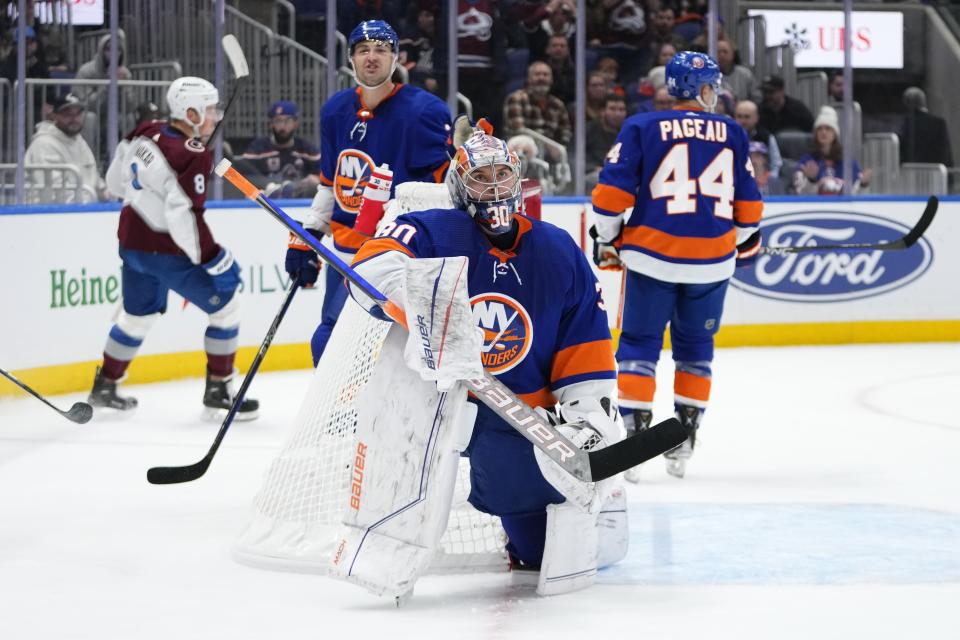 New York Islanders goaltender Ilya Sorokin (30) looks up after Colorado Avalanche's Cale Makar (8) scored a goal during the first period of an NHL hockey game Tuesday, Oct. 24, 2023, in Elmont, N.Y. (AP Photo/Frank Franklin II)