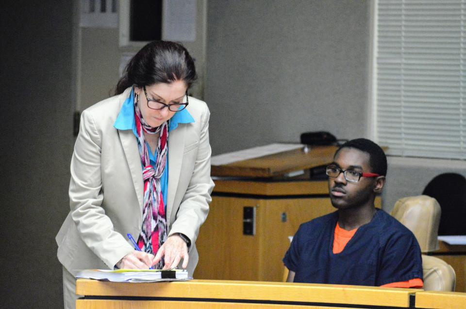 Shasta County public defender Kathryn Barton, left, fills out paperwork for Jerome Dzwonek on Nov. 13, 2019. Dzwonek was arrested in the killing 20-year-old Larissa Cole in October 2019.