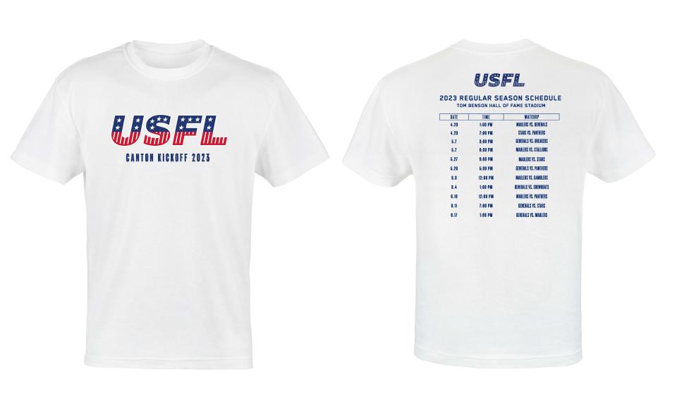 T-shirts are among the promotions and giveaways during regular season USFL games being played this spring at Tom Benson Hall of Fame Stadium in Canton.