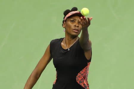 Sep 7, 2017; New York, NY, USA; Venus Williams of the United States serves to Sloane Stephens of the United States on day eleven of the U.S. Open tennis tournament at USTA Billie Jean King National Tennis Center. Mandatory Credit: Anthony Gruppuso-USA TODAY Sports