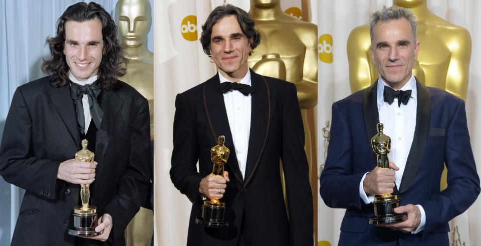 A combination of pictures shows actor Daniel Day-Lewis posing with his three Oscars for Best Actor in Hollywood, California (From L):  in March 2, 1990 for his role in 