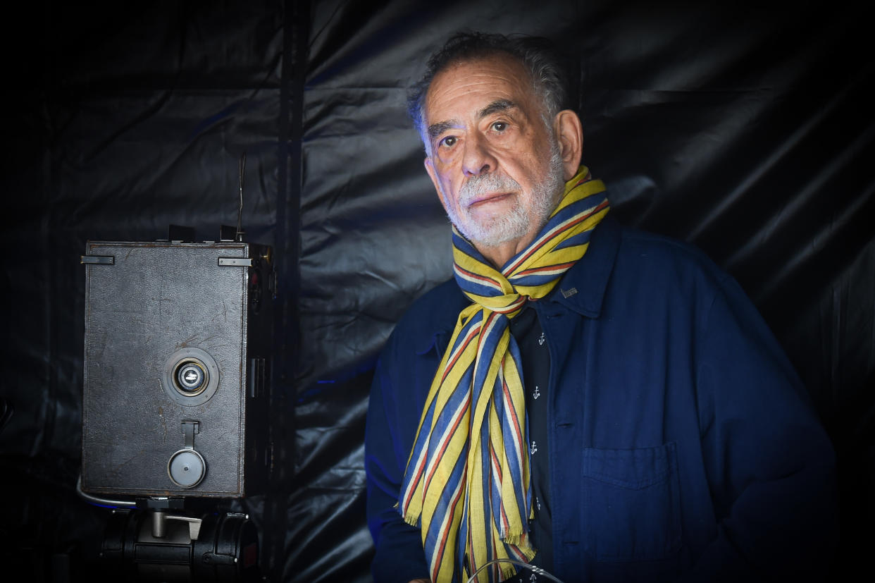 LYON, FRANCE - OCTOBER 19: Francis Ford Coppola  shoots the remake of Louis Lumiere's 1st French short black-and-white silent documentary film 'La Sortie de l'Usine' during the 11th Film Festival Lumiere on October 19, 2019 in Lyon, France. (Photo by Stephane Cardinale - Corbis/Corbis via Getty Images)