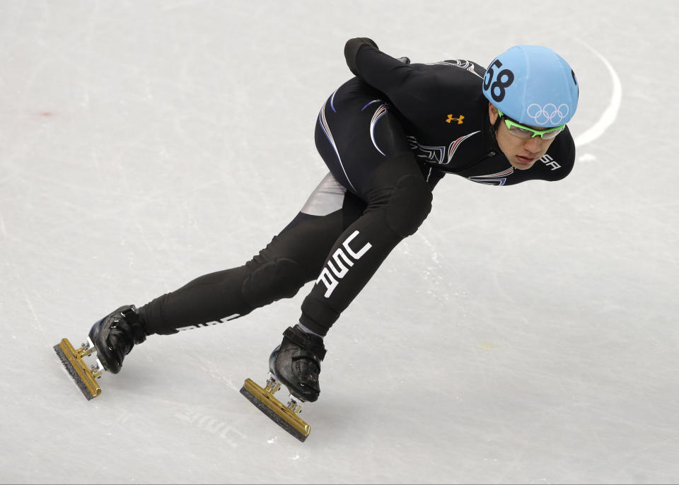 J.R. Celski of the United States competes in a men's 1000m short track speedskating heat at the Iceberg Skating Palace during the 2014 Winter Olympics, Thursday, Feb. 13, 2014, in Sochi, Russia. (AP Photo/Darron Cummings)