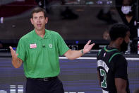 Boston Celtics head coach Brad Stevens reacts during the second half of an NBA conference semifinal playoff basketball game against the Toronto Raptors Friday, Sept. 11, 2020, in Lake Buena Vista, Fla. (AP Photo/Mark J. Terrill)