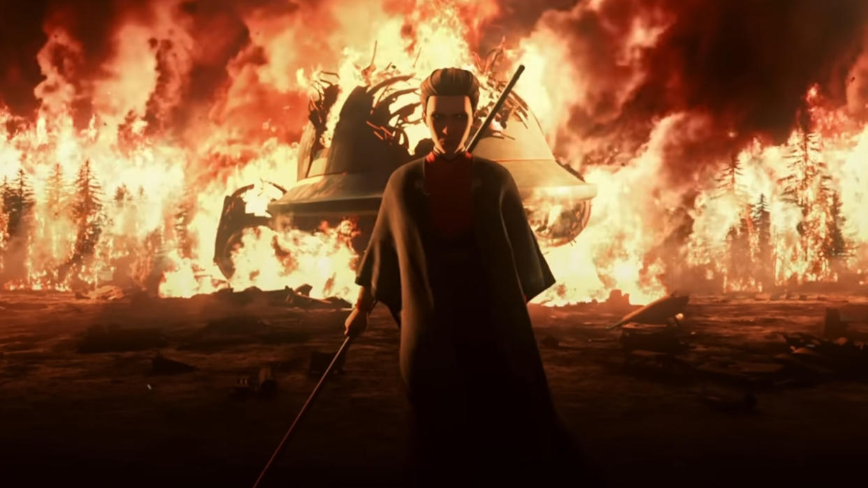  Tales OF The Empire Character Stands Menacingly In Front Of A Large Fire. 