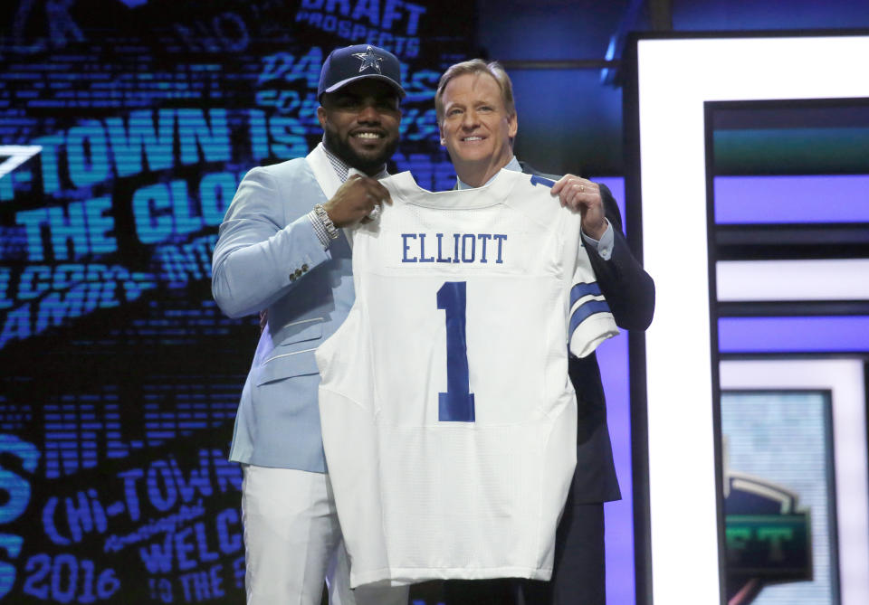 NFL commissioner Roger Goodell, pictured with Ezekiel Elliott at the NFL draft in 2016, got another big win for his office's disciplinary powers. (AP) 