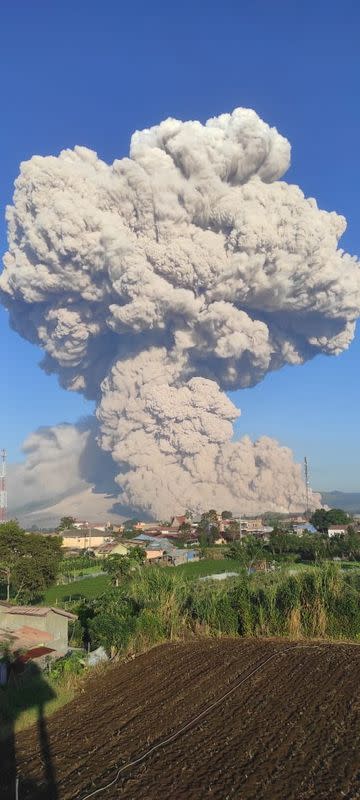 Mount Sinabung volcano erupts as seen from Karo, North Sumatra