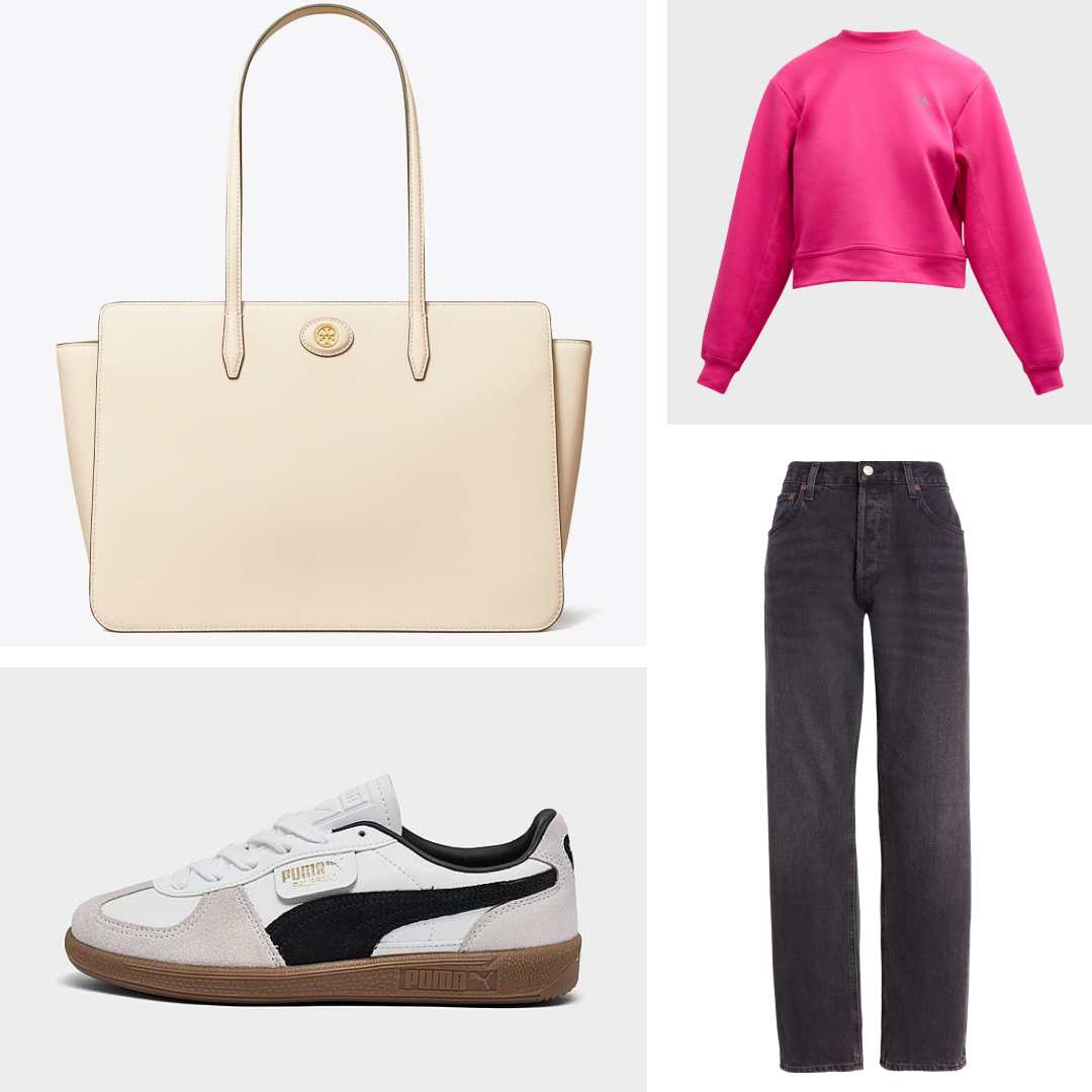  Split image of Puma Palermo Leather Casual Shoes, AGOLDE Parker High Waist Crop Straight Leg Jeans, Tory Burch Robbinson Pebbled Tote,  Adidas By Stella McCartney TrueCasuals Organic Cotton-Blend Sweatshirt . 