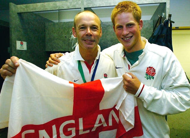 Clive Woodward is congratulated by Prince Harry