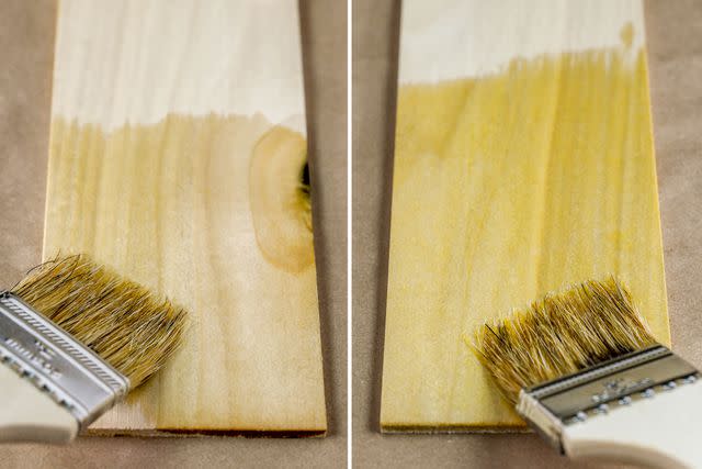 <p>The Spruce / Adrienne Legault</p> Tung Oil (L) vs. Linseed Oil (R)