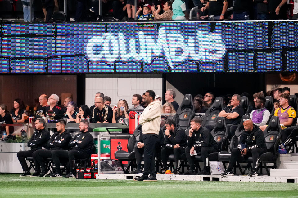 Columbus Crew head coach Wilfried Nancy watches his team on the sideline in the second half against Atlanta United at Mercedes-Benz Stadium.