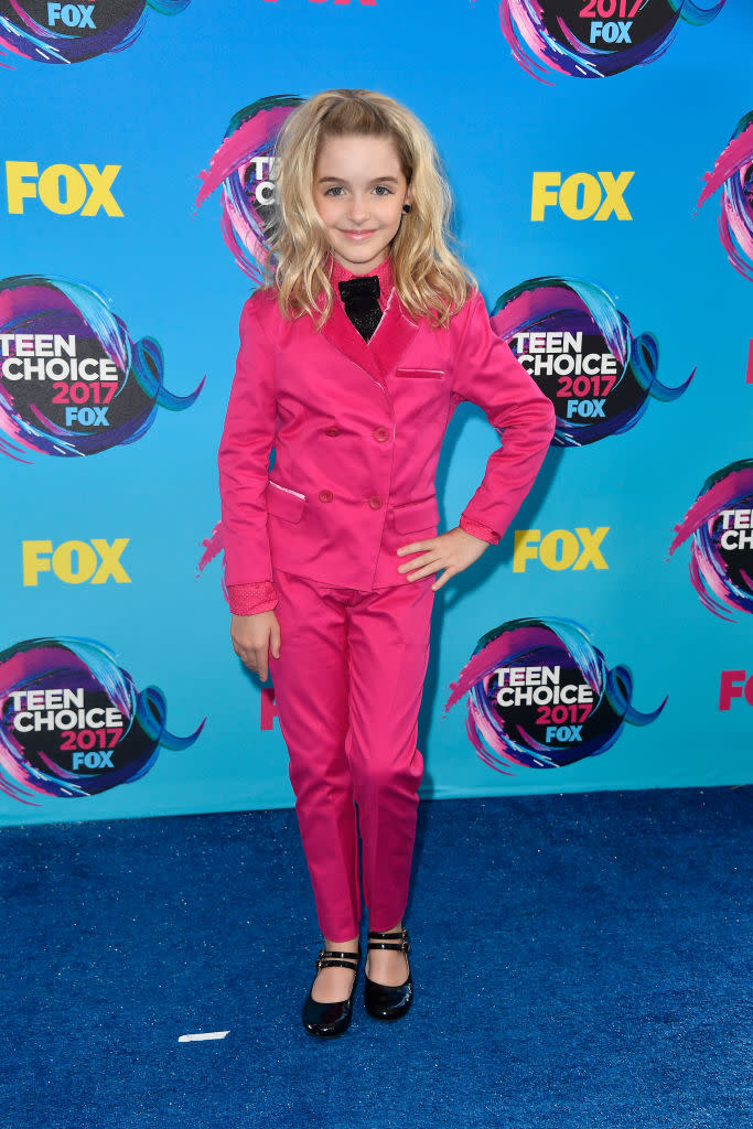 <p>The <i>Once Upon a Time</i> actor kept it cute and simple in a magenta suit, with big blonde waves. (Photo: Getty Images) </p>