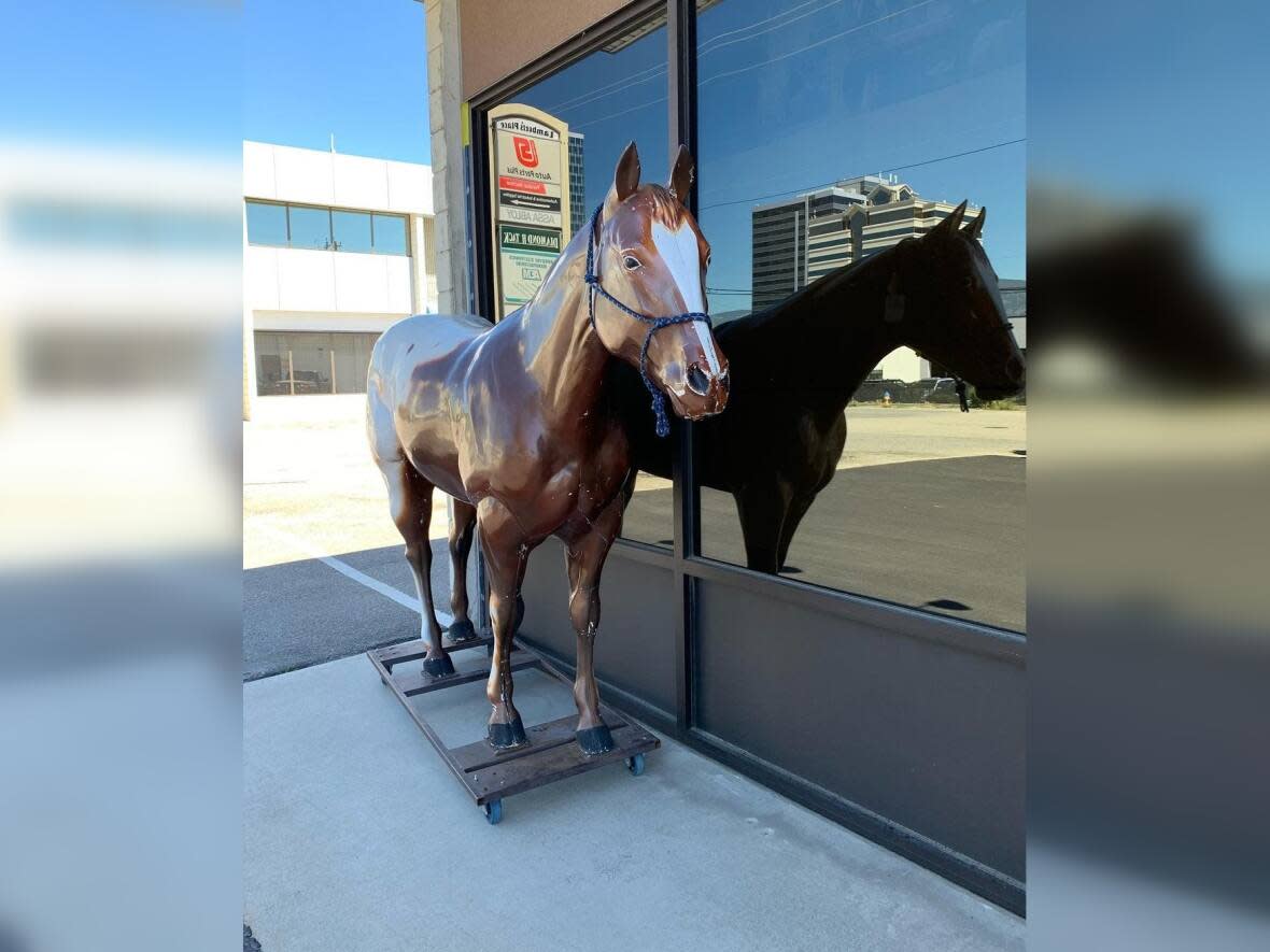 Harry the life-size fibreglass horse was bolted to the ground on Monday, shortly after he was recovered from an abandoned orchard in West Kelowna.  (Diamond H Tack/Instagram - image credit)