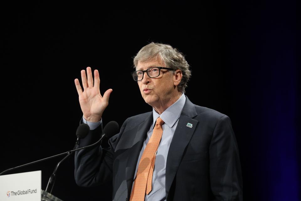 Microsoft founder, Co-Chairman of the Bill & Melinda Gates Foundation, Bill Gates delivers a speech during the conference of Global Fund to Fight HIV, Tuberculosis and Malaria on october 10, 2019, in Lyon, central eastern France. - The Global Fund to Fight AIDS, Tuberculosis and Malaria opened a drive to raise $14 billion to fight a global epidemics but face an uphill battle in the face of donor fatigue. (Photo by Ludovic MARIN / AFP) (Photo by LUDOVIC MARIN/AFP via Getty Images)