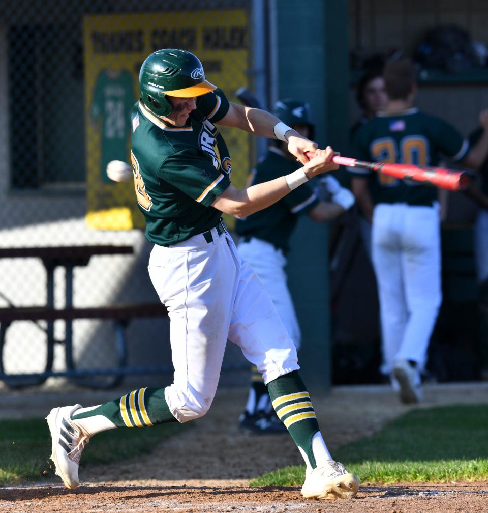 Terrence Moody fouls off a pitch for Sauk Rapids during the game Thursday, May 5, 2022, in Sauk Rapids. 