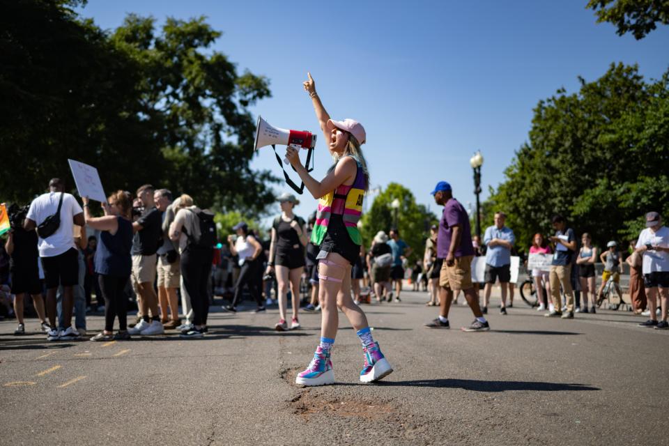 Abortion rights demonstrators protest outside the U.S. Supreme Court  (Hannah Beier for NBC News)